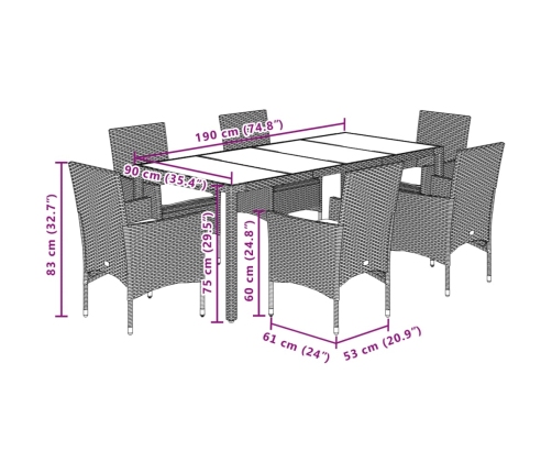 Set comedor jardín 7 pzas cojines ratán sintético vidrio beige