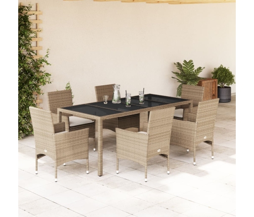 Set comedor jardín 7 pzas cojines ratán sintético vidrio beige
