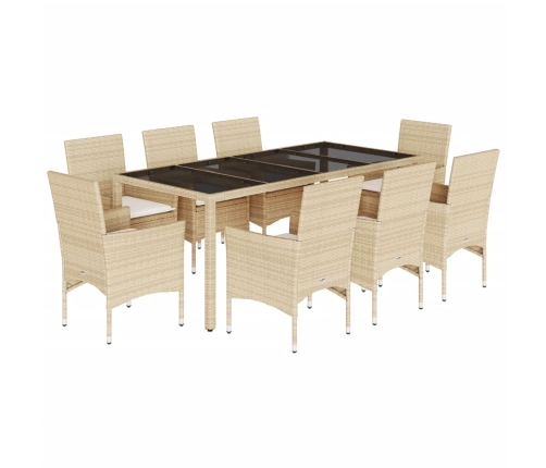 Set comedor jardín 9 pzas cojines ratán sintético vidrio beige