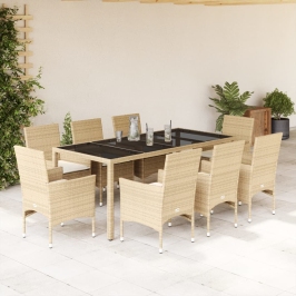 Set comedor jardín 9 pzas cojines ratán sintético vidrio beige