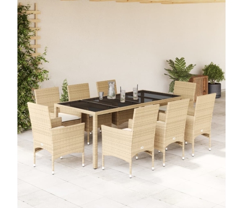 Set comedor jardín 9 pzas cojines ratán sintético vidrio beige