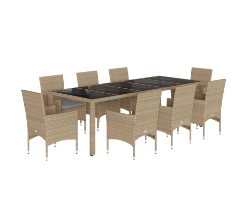 Set comedor jardín 9 pzas cojines ratán sintético vidrio beige