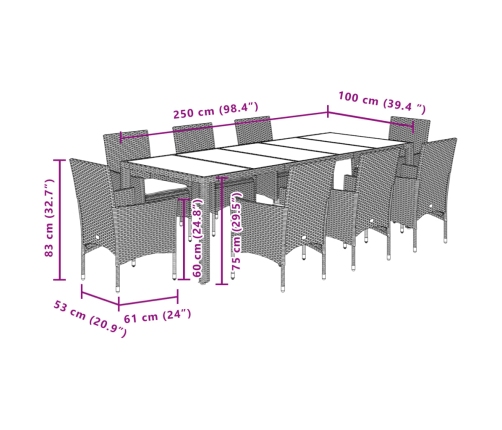 Set comedor jardín 9 pzas cojines ratán sintético vidrio beige