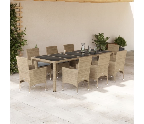 Set comedor jardín 9 pzas cojines ratán sintético vidrio beige