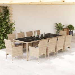 Set comedor jardín 11 pzas cojines ratán sintético vidrio beige