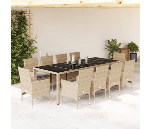 Set comedor jardín 11 pzas cojines ratán sintético vidrio beige
