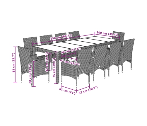 Set comedor jardín 11 pzas cojines ratán sintético vidrio beige