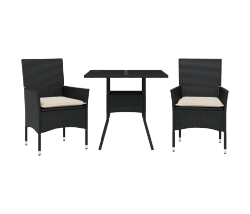 Set comedor jardín 3 pzas cojines ratán sintético vidrio negro