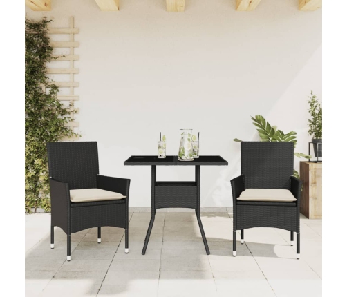 Set comedor jardín 3 pzas cojines ratán sintético vidrio negro