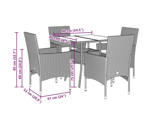 Set comedor jardín 5 pzas cojines ratán sintético vidrio negro