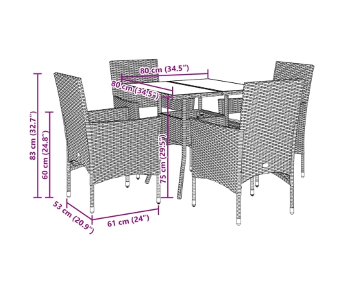 Set comedor jardín 5 pzas cojines ratán sintético vidrio negro