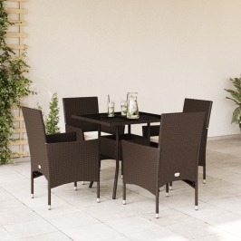 Set comedor jardín 5 pzas cojines ratán sintético vidrio marrón
