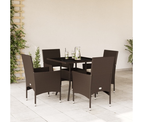 Set comedor jardín 5 pzas cojines ratán sintético vidrio marrón