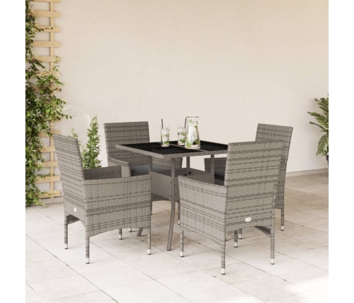 Set comedor jardín 5 pzas y cojines ratán sintético vidrio gris