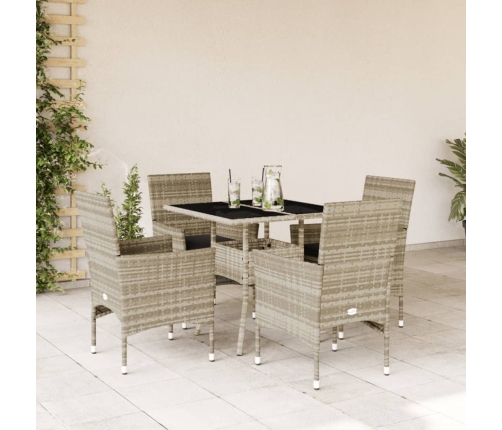 Set comedor jardín 5 pzas y cojines ratán PE vidrio gris claro