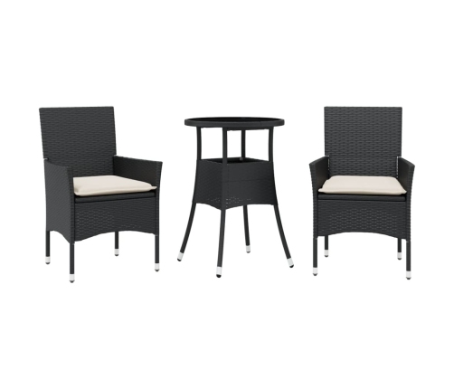 Set comedor jardín 3 pzas cojines ratán sintético vidrio negro