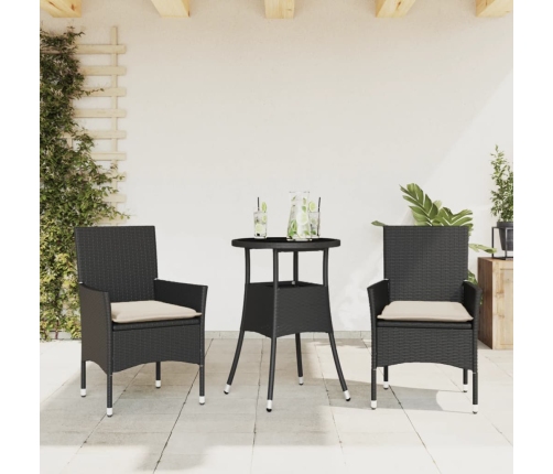 Set comedor jardín 3 pzas cojines ratán sintético vidrio negro
