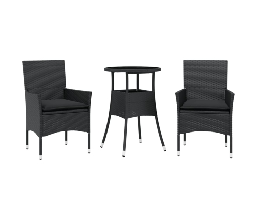 Set comedor jardín 3 pzas cojines ratán sintético vidrio negro