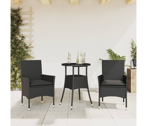 Set comedor jardín 3 pzas cojines ratán sintético vidrio negro