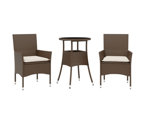 Set comedor jardín 3 pzas cojines ratán sintético vidrio marrón