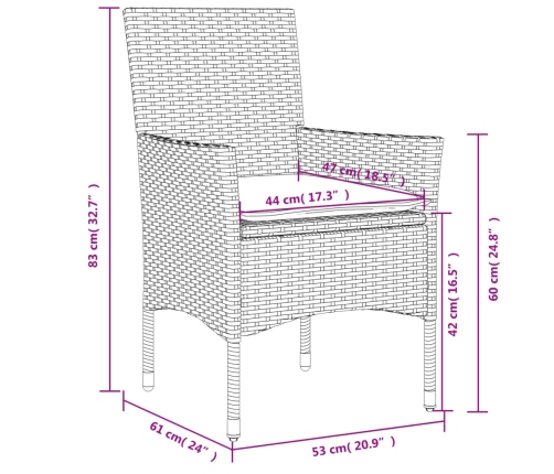 Set comedor jardín 3 pzas cojines ratán sintético vidrio marrón