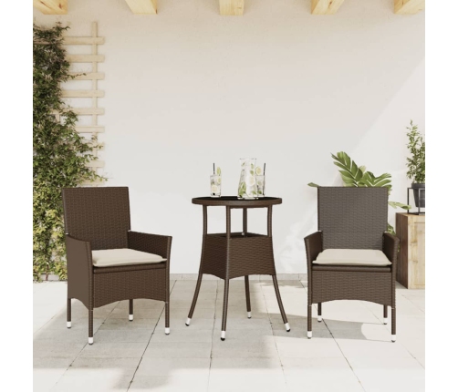 Set comedor jardín 3 pzas cojines ratán sintético vidrio marrón
