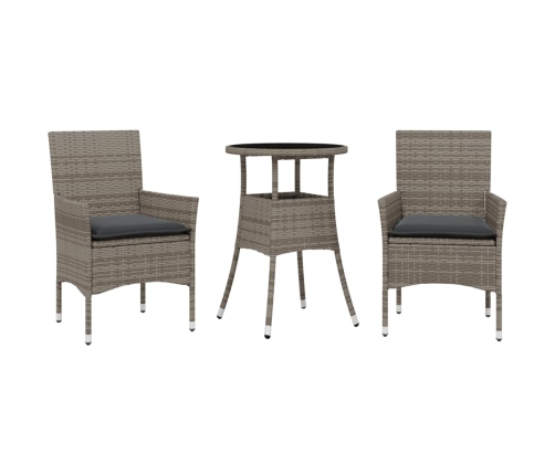 Set comedor jardín 3 pzas y cojines ratán sintético vidrio gris