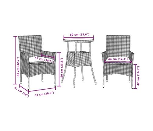 Set comedor jardín 3 pzas y cojines ratán sintético vidrio gris