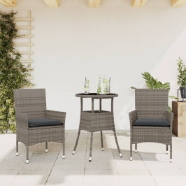 Set comedor jardín 3 pzas y cojines ratán sintético vidrio gris