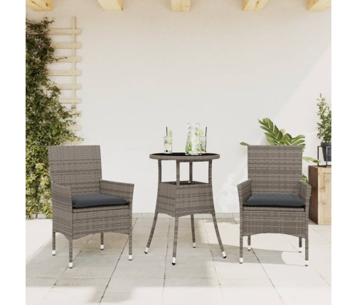 Set comedor jardín 3 pzas y cojines ratán sintético vidrio gris