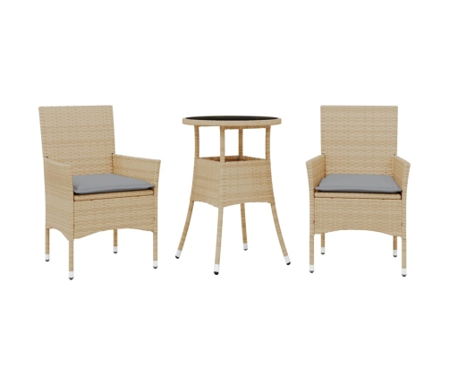 Set comedor jardín 3 pzas cojines ratán sintético vidrio beige