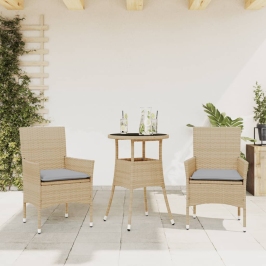 Set comedor jardín 3 pzas cojines ratán sintético vidrio beige