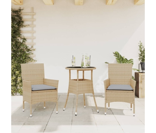 Set comedor jardín 3 pzas cojines ratán sintético vidrio beige