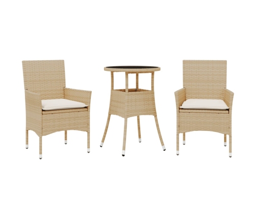 Set comedor jardín 3 pzas cojines ratán sintético vidrio beige