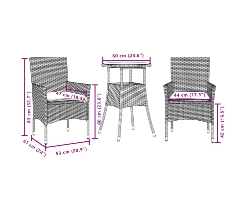 Set comedor jardín 3 pzas cojines ratán sintético vidrio beige