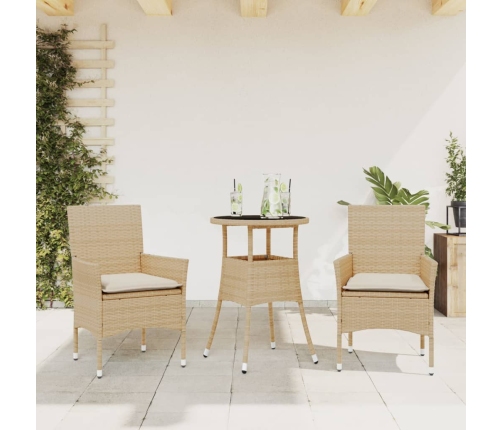 Set comedor jardín 3 pzas cojines ratán sintético vidrio beige
