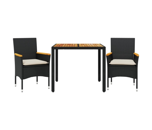 Set de comedor jardín 3 pzas con cojines ratán PE acacia negro