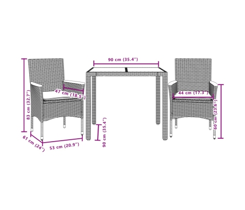 Set de comedor jardín 3 pzas con cojines ratán PE acacia negro