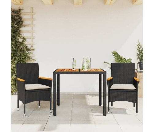 Set de comedor jardín 3 pzas con cojines ratán PE acacia negro