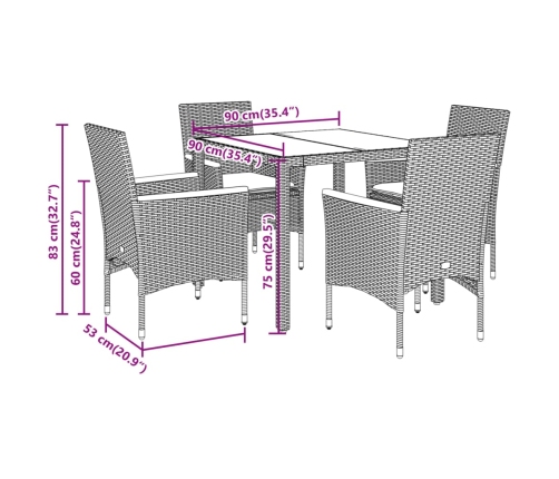 Set de comedor jardín 5 pzas con cojines ratán PE acacia negro