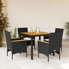 Set de comedor jardín 5 pzas con cojines ratán PE acacia negro