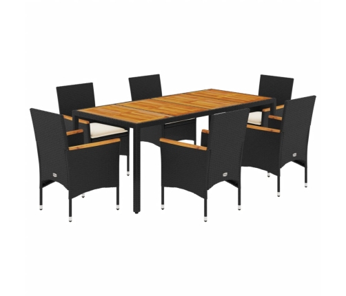 Set de comedor jardín 7 pzas con cojines ratán PE acacia negro