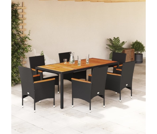 Set de comedor jardín 7 pzas con cojines ratán PE acacia negro