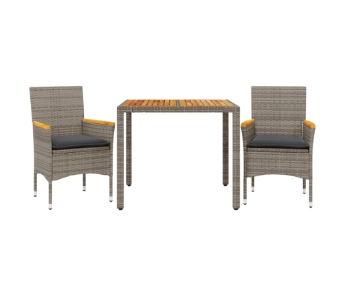 Set de comedor jardín 3 pzas con cojines ratán PE acacia gris