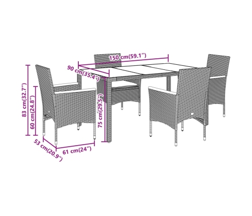 Set de comedor jardín 5 pzas con cojines ratán PE acacia gris