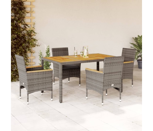 Set de comedor jardín 5 pzas con cojines ratán PE acacia gris