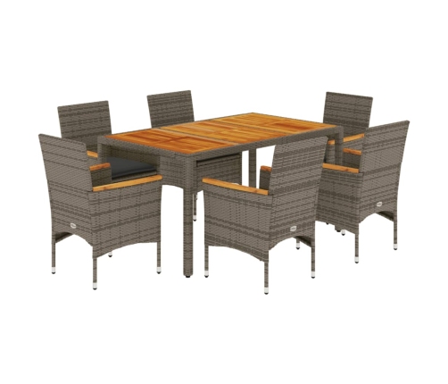 Set de comedor jardín 7 pzas con cojines ratán PE acacia gris
