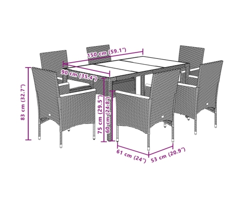 Set de comedor jardín 7 pzas con cojines ratán PE acacia gris