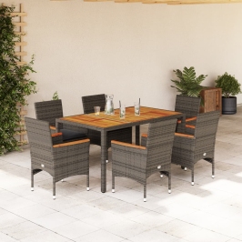Set de comedor jardín 7 pzas con cojines ratán PE acacia gris