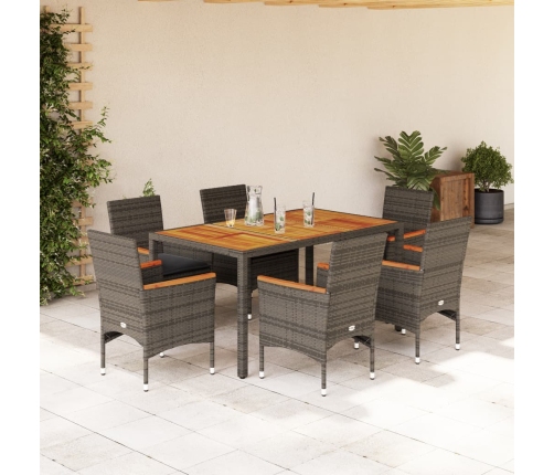 Set de comedor jardín 7 pzas con cojines ratán PE acacia gris